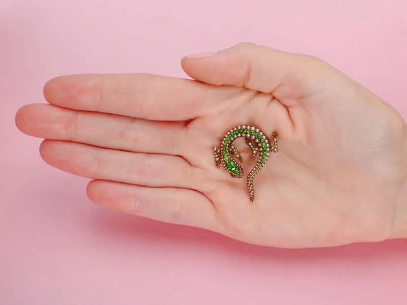 Art Nouveau Demantoid Pearl Lizard Brooch