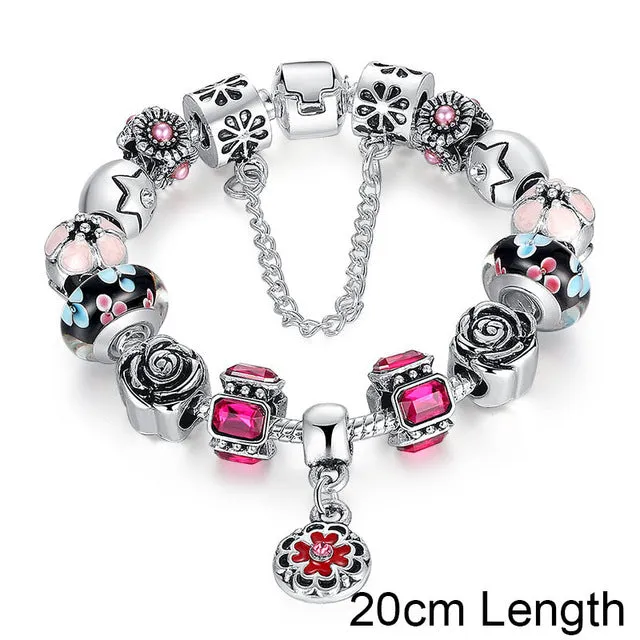 BAMOER Silver Original Glass Bead Strand Bracelet for Women With Safety Chain & Crystal Fashion Jewelry 18CM 20CM 21CM PA1836