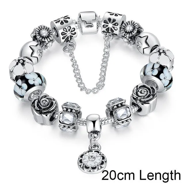 BAMOER Silver Original Glass Bead Strand Bracelet for Women With Safety Chain & Crystal Fashion Jewelry 18CM 20CM 21CM PA1836