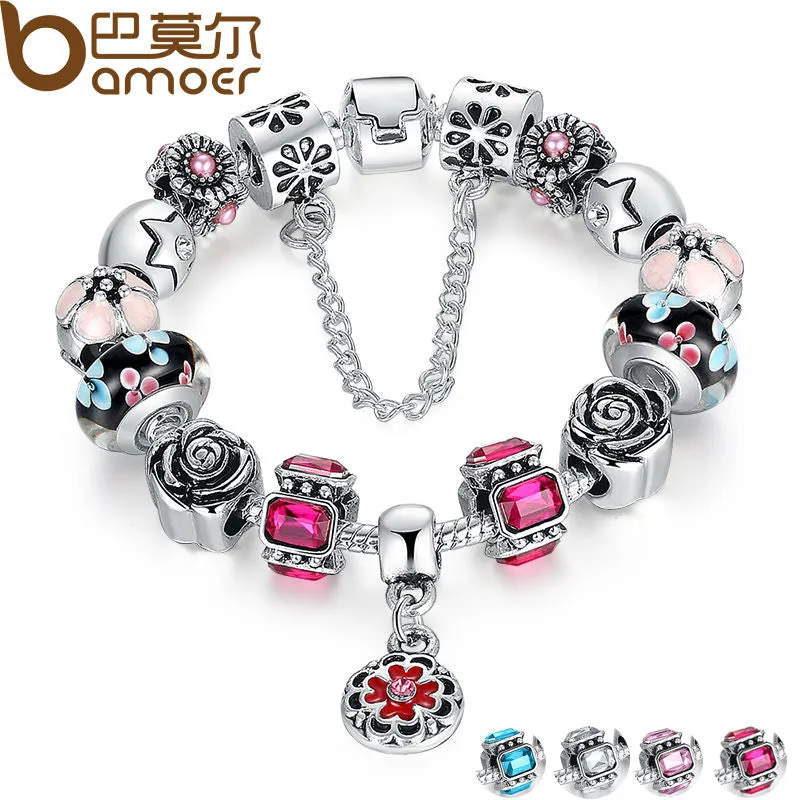 BAMOER Silver Original Glass Bead Strand Bracelet for Women With Safety Chain & Crystal Fashion Jewelry 18CM 20CM 21CM PA1836