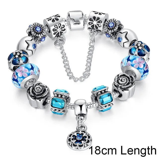 BAMOER Silver Original Glass Bead Strand Bracelet for Women With Safety Chain & Crystal Fashion Jewelry 18CM 20CM 21CM PA1836