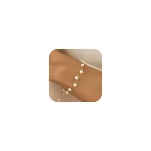 BERISO Gold Pearl Bracelets for Women,14K Gold Plated Bracelets Dainty Pearls Beaded Chain Heart Pearl Bracelets Jewelry