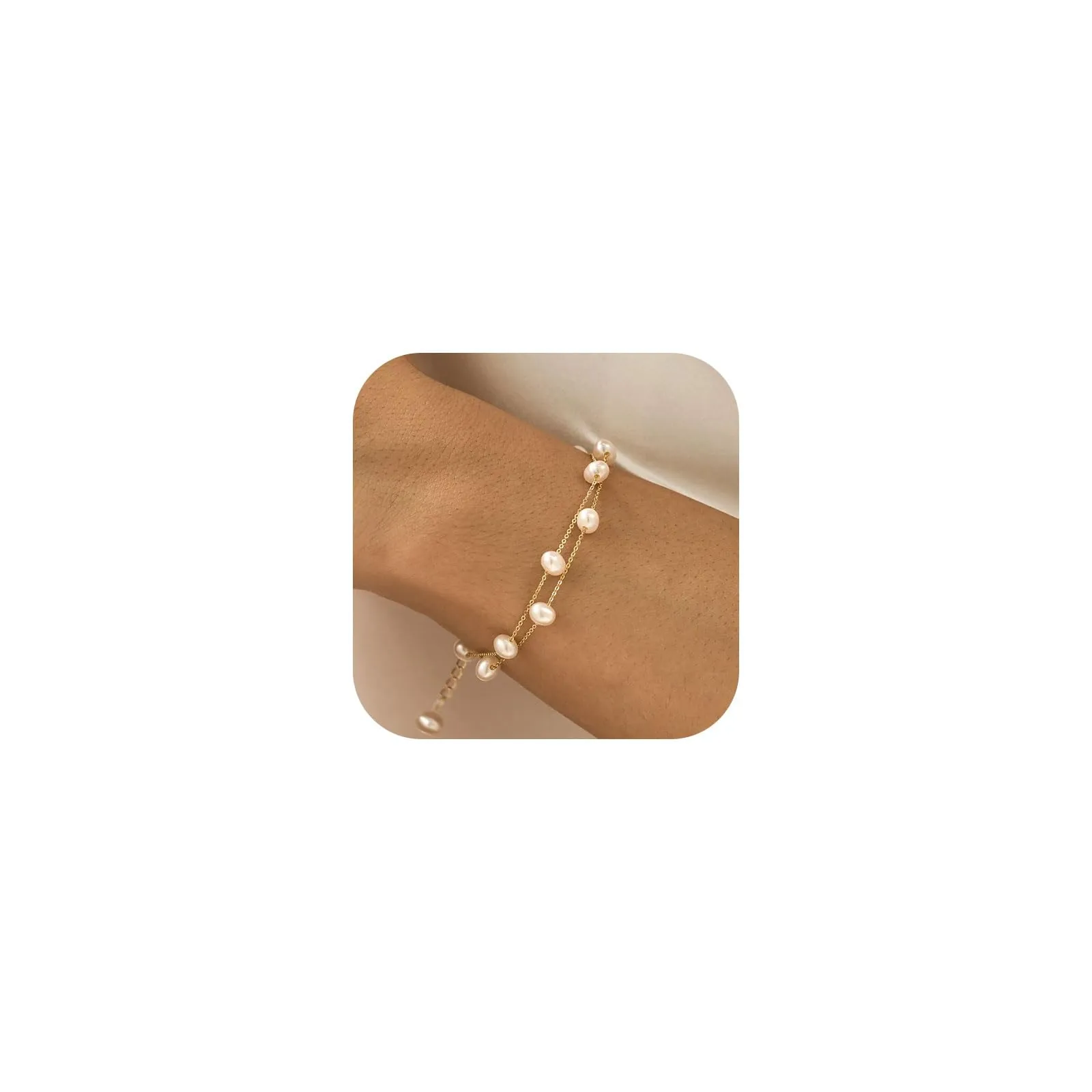 BERISO Gold Pearl Bracelets for Women,14K Gold Plated Bracelets Dainty Pearls Beaded Chain Heart Pearl Bracelets Jewelry