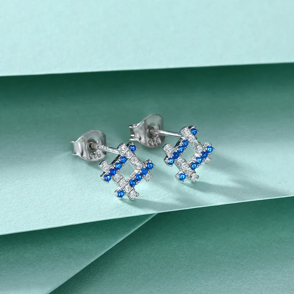 Blue Zircon Quadrilateral Square Silver Studs Earrings for Women