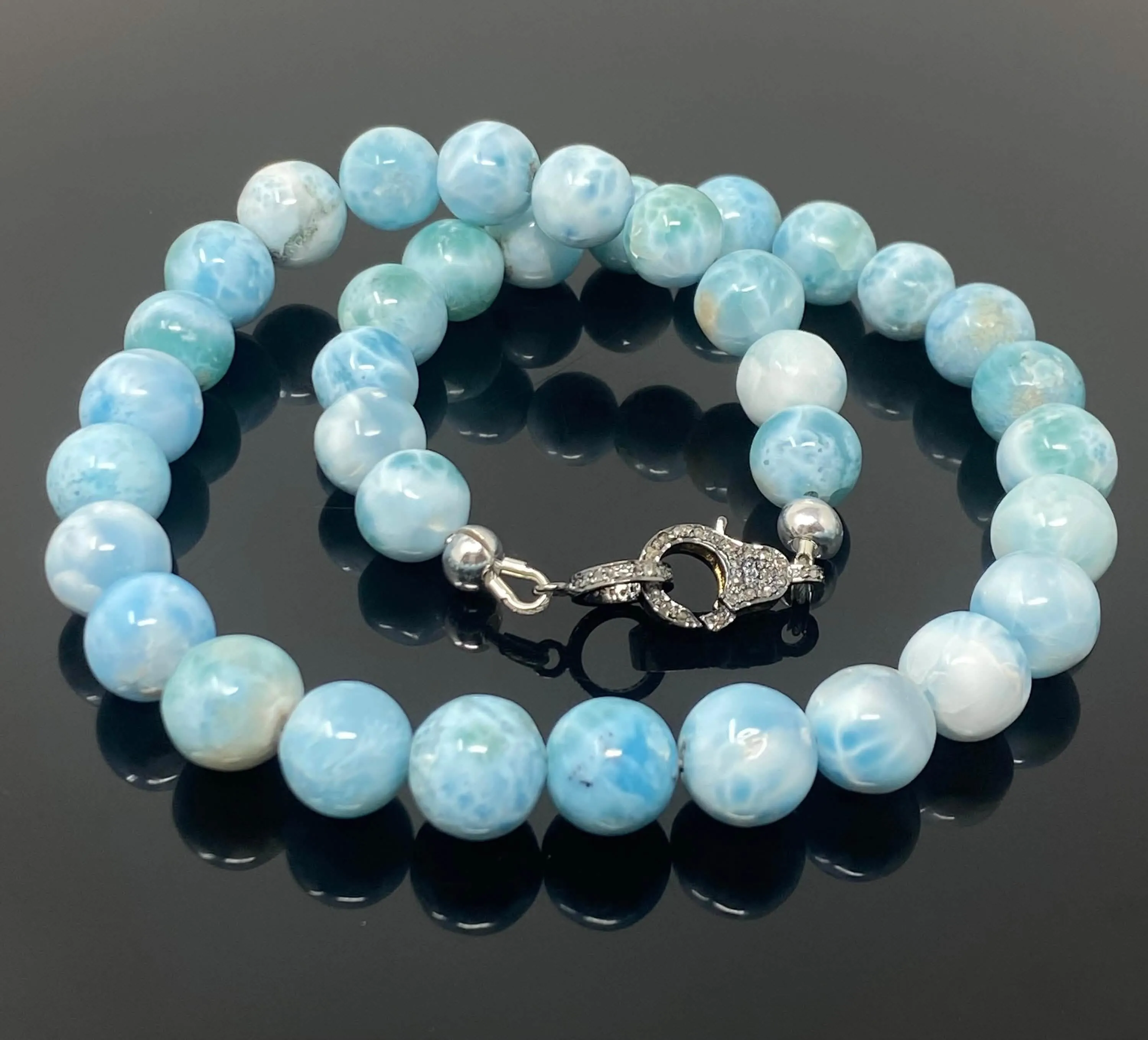 Bohemian 17" AAA Grade Larimar Gemstone Necklace with Luxurious Diamond Clasp