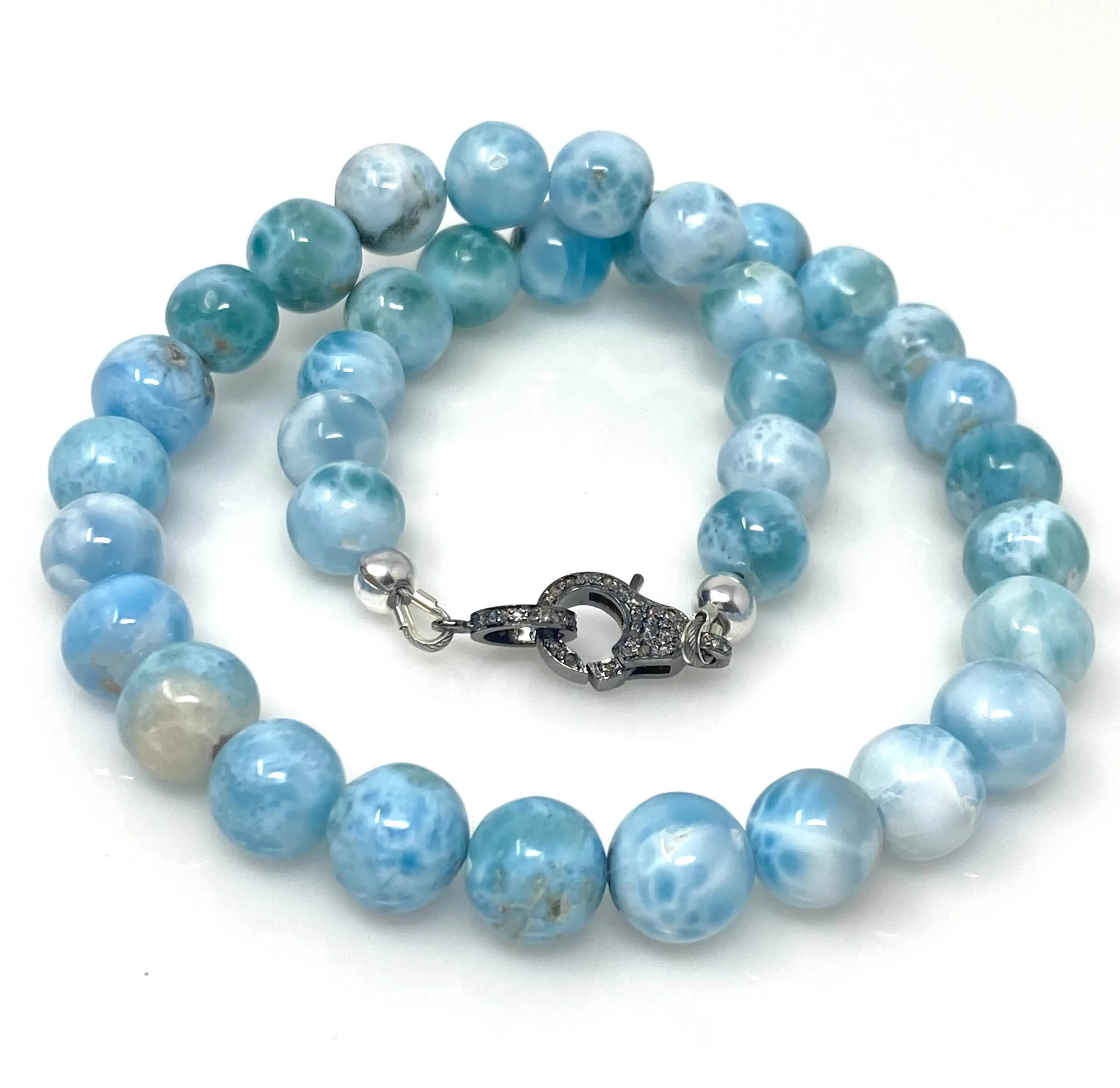 Bohemian 17" AAA Grade Larimar Gemstone Necklace with Luxurious Diamond Clasp