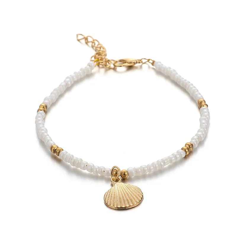 Boho Gold Shell Cowrie Anklet Set for Women Black Weaving White Pearl Charms Beaded Anklet Foot Chain Jewelry