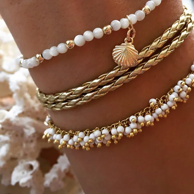 Boho Gold Shell Cowrie Anklet Set for Women Black Weaving White Pearl Charms Beaded Anklet Foot Chain Jewelry