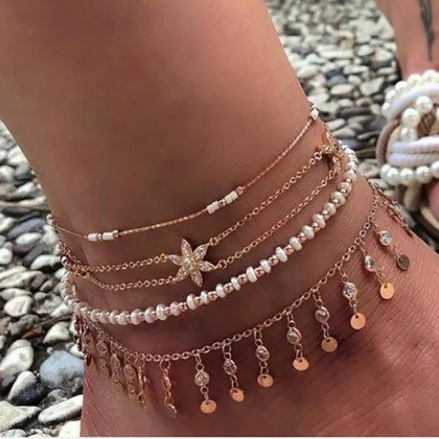 Boho Gold Shell Cowrie Anklet Set for Women Black Weaving White Pearl Charms Beaded Anklet Foot Chain Jewelry