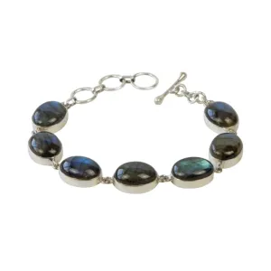 Bracelet with 7 Oval shaped Colourful Labradorite Stones elegantly hand-cast in Sterling Silver