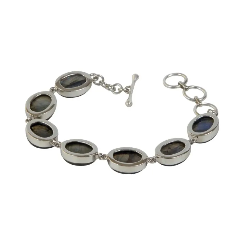 Bracelet with 7 Oval shaped Colourful Labradorite Stones elegantly hand-cast in Sterling Silver