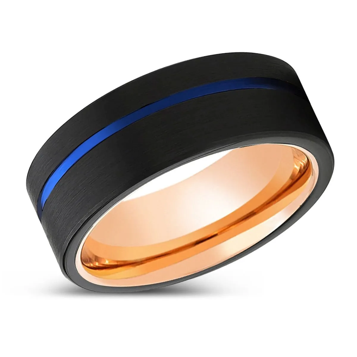 BURNOUT | Rose Gold Ring, Black Tungsten Ring, Blue Offset Groove, Flat