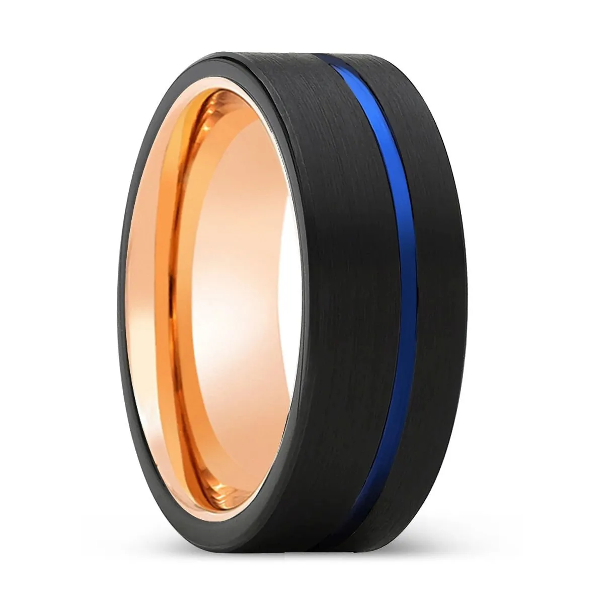 BURNOUT | Rose Gold Ring, Black Tungsten Ring, Blue Offset Groove, Flat