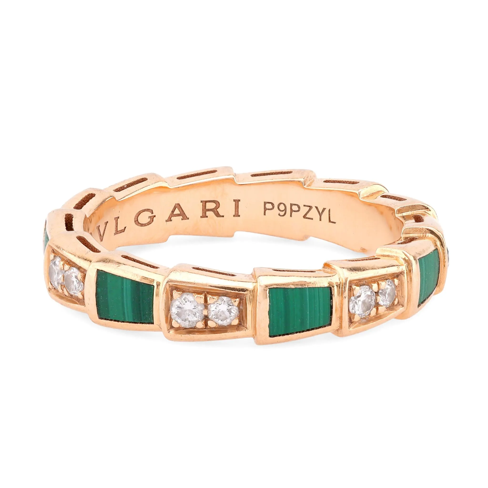 Bvlgari Diamond Malachite 18K Rose Gold Serpenti Viper Ring