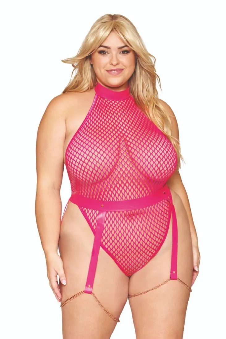 Chic Plus Size Fishnet Teddy with Faux-Leather Belt