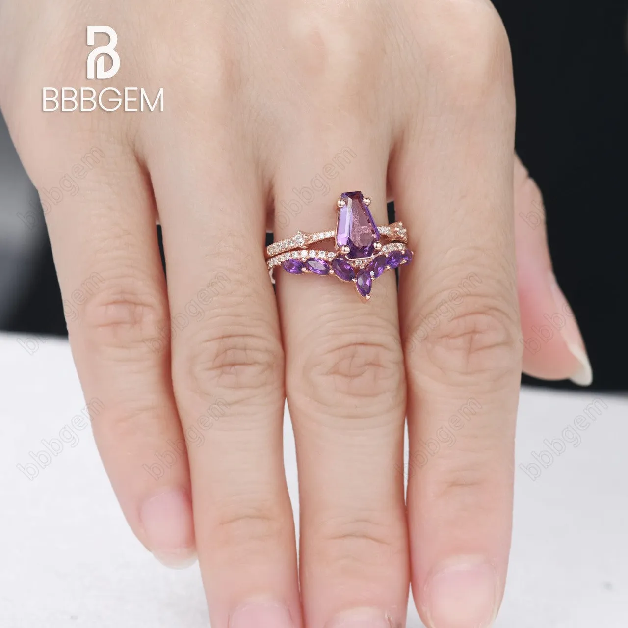 Coffin Purple Amethyst Engagement Rings with Crystal Birthstone Statement Rings Set