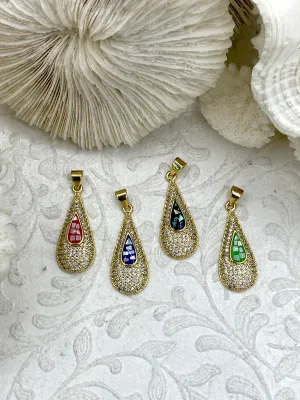 Colorful Enamel and Gold Teardrop Pendants with CZ, Gold Teardrop Charm, 4 Colors, Enamel and Gold Plated Brass Pendants, Fast Ship.