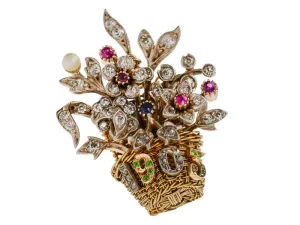 Dated 1903 Flower Basket Diamond Gem Brooch