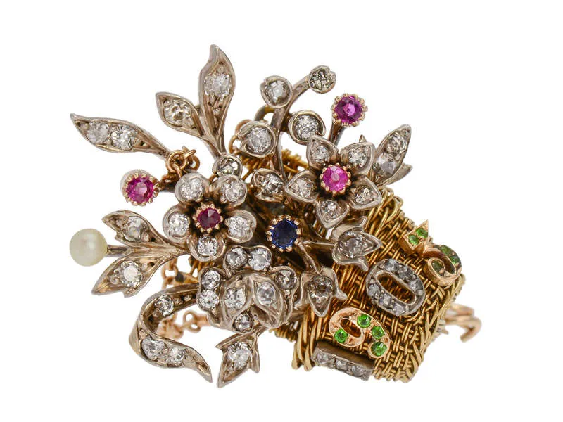 Dated 1903 Flower Basket Diamond Gem Brooch