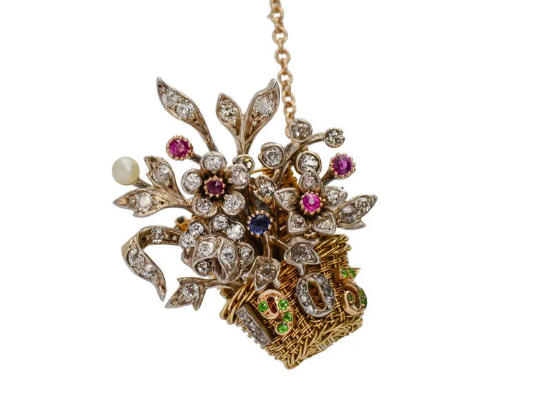 Dated 1903 Flower Basket Diamond Gem Brooch