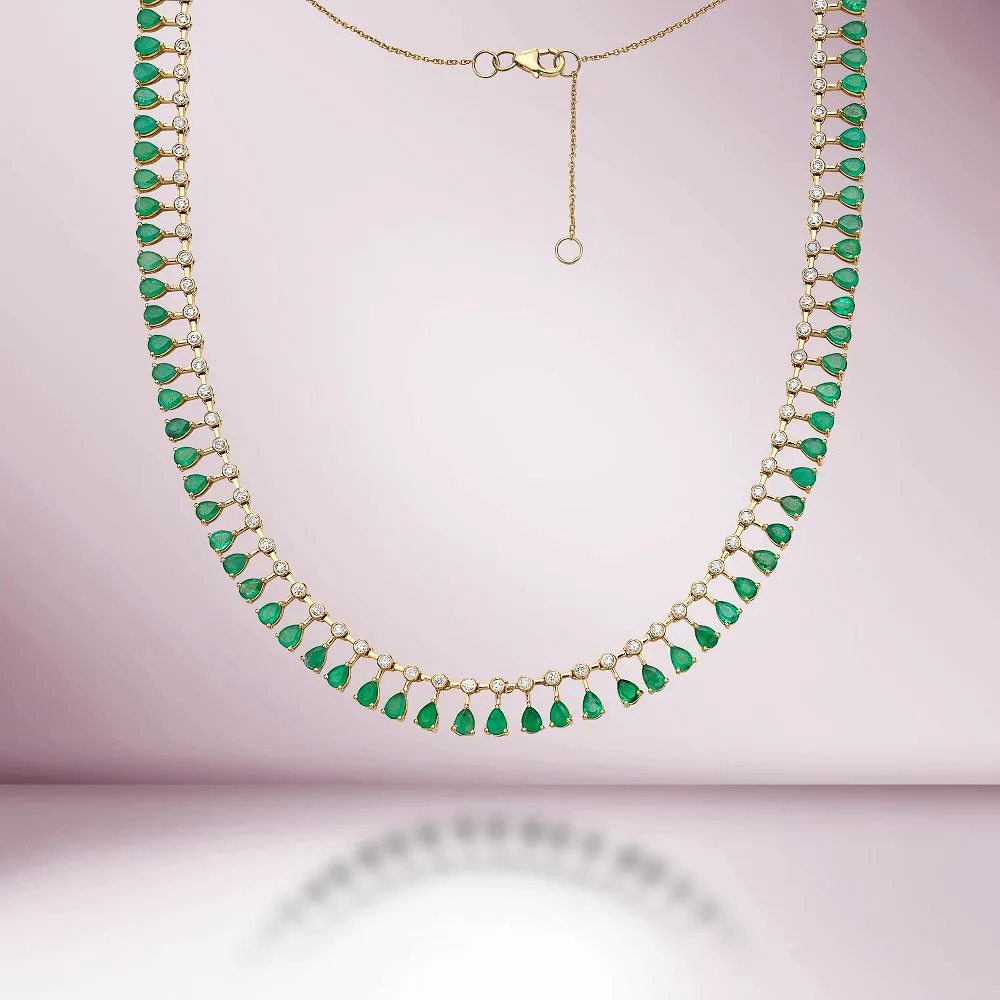 Diamond & Dangling Pear Shape Emerald Choker Necklace (10.20 ct.) in 14K Gold