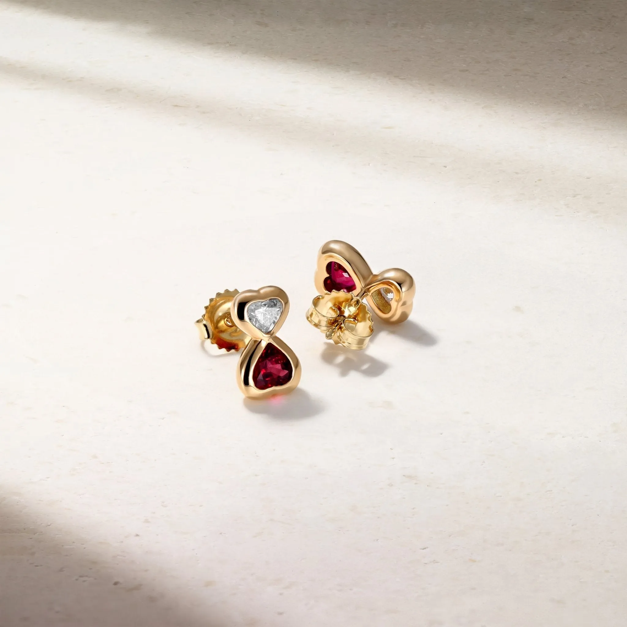 Dilara Bezel Set Twin Heart Ruby and Diamond Stud Earrings