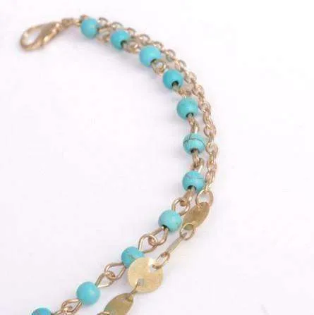 Double Chain Turquoise Bead and Gold Coin Ankle Bracelet