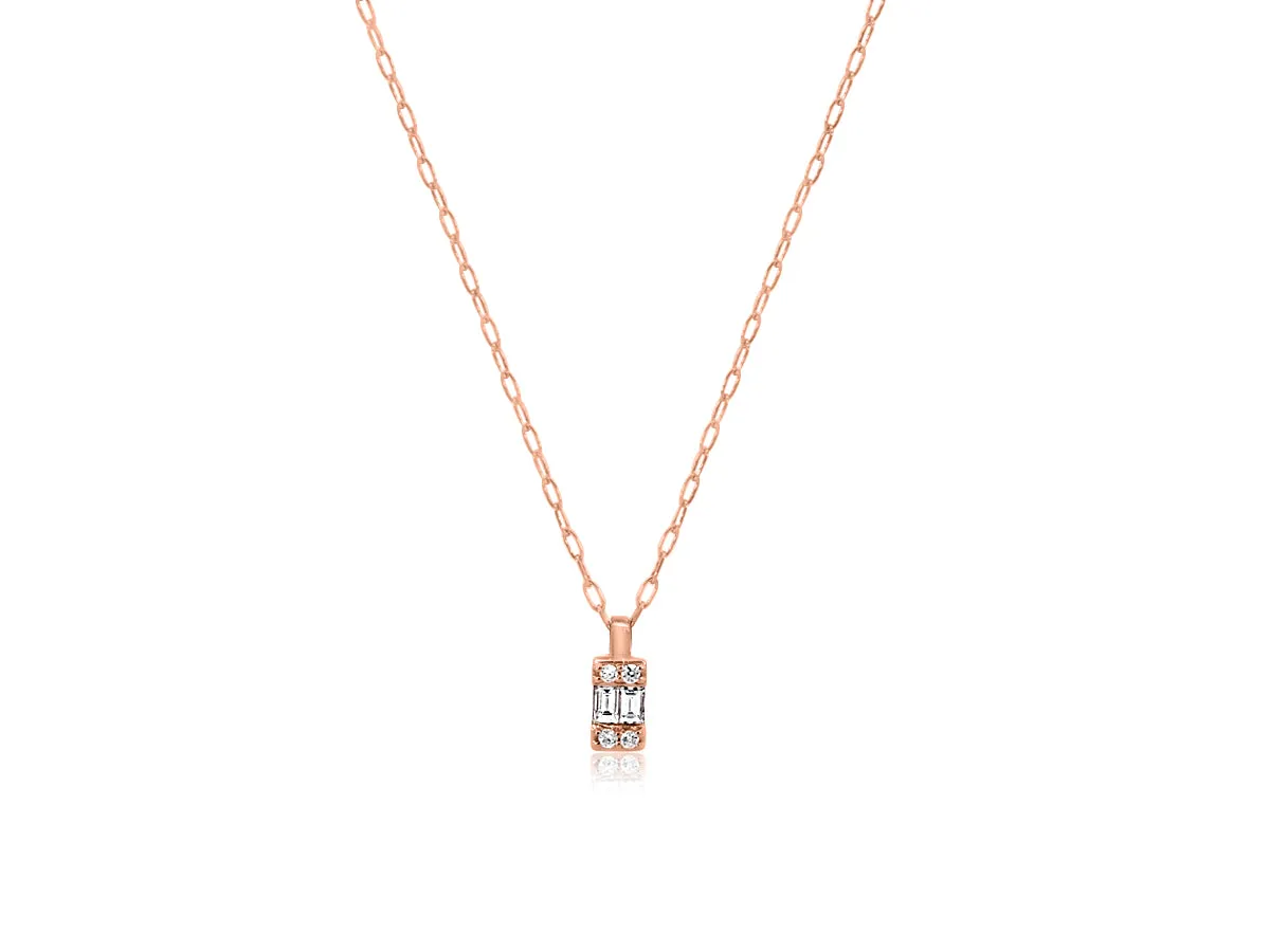 Emerald Shape Double Baguette Diamond Rose Gold Necklace