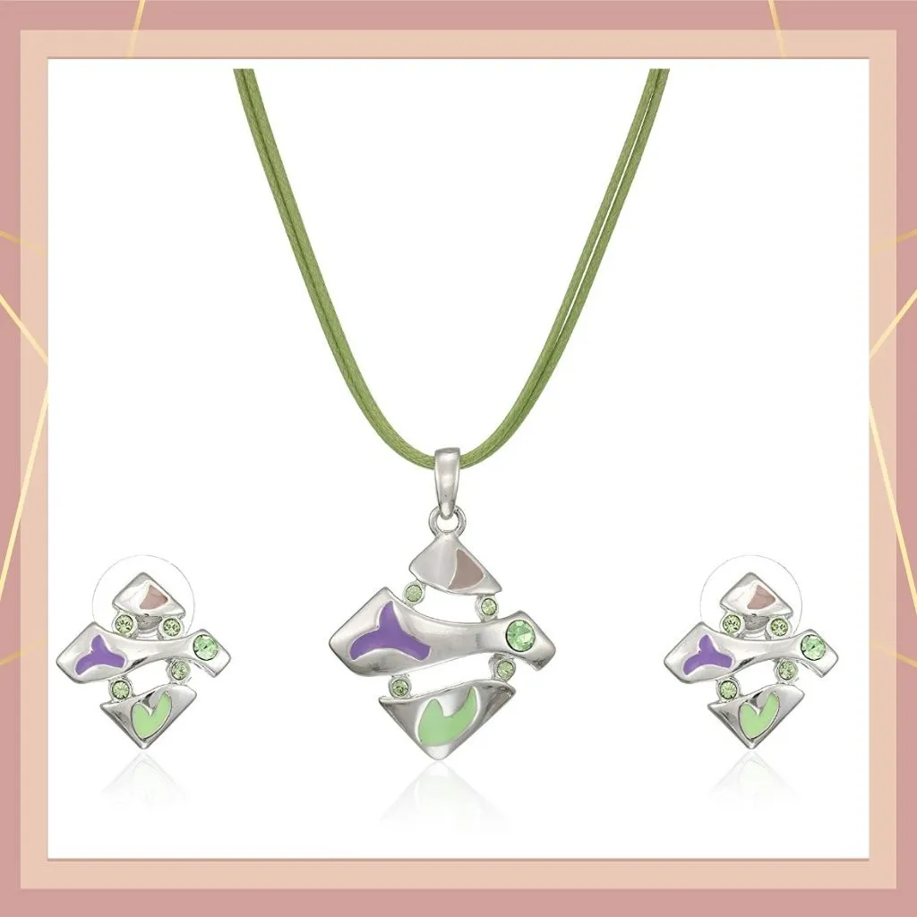 Estele Silver Tone Square Shape with Enamel and Crystal Pendant Set for Women