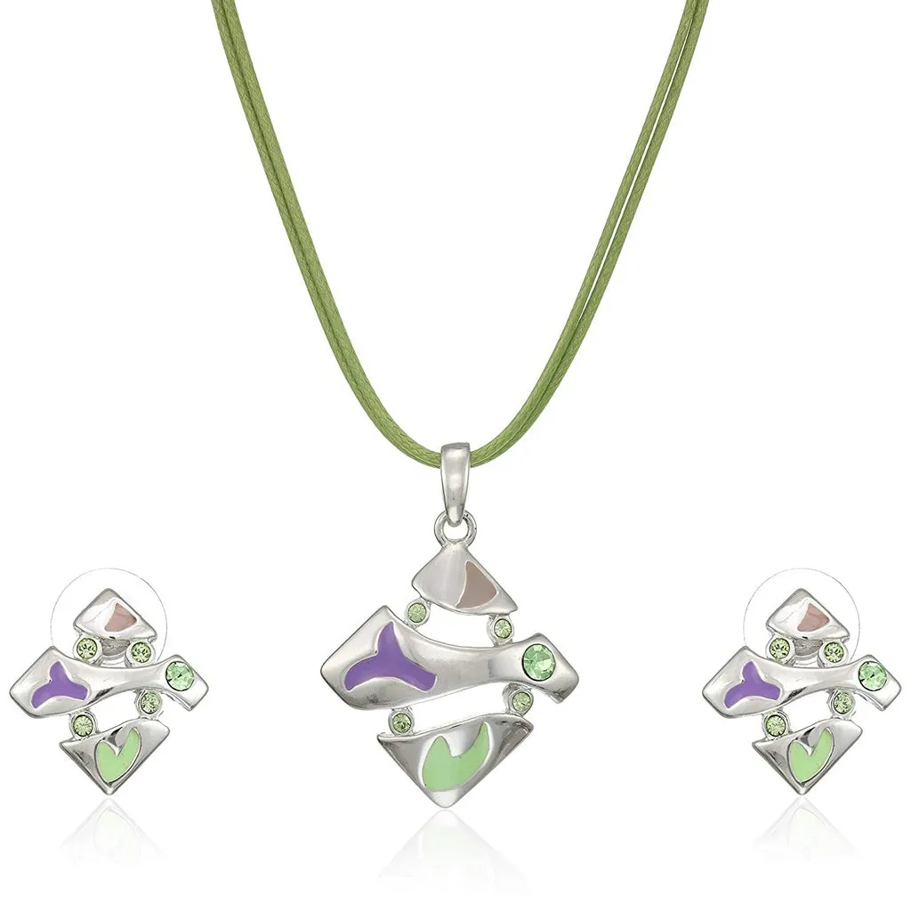 Estele Silver Tone Square Shape with Enamel and Crystal Pendant Set for Women