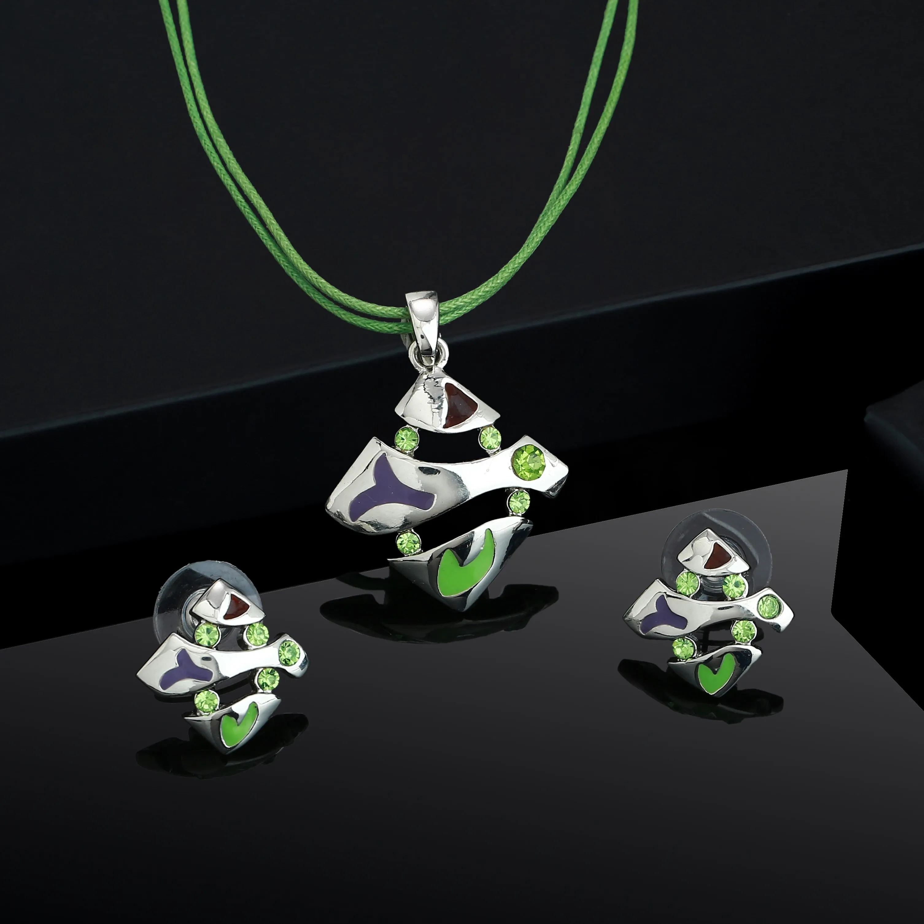 Estele Silver Tone Square Shape with Enamel and Crystal Pendant Set for Women