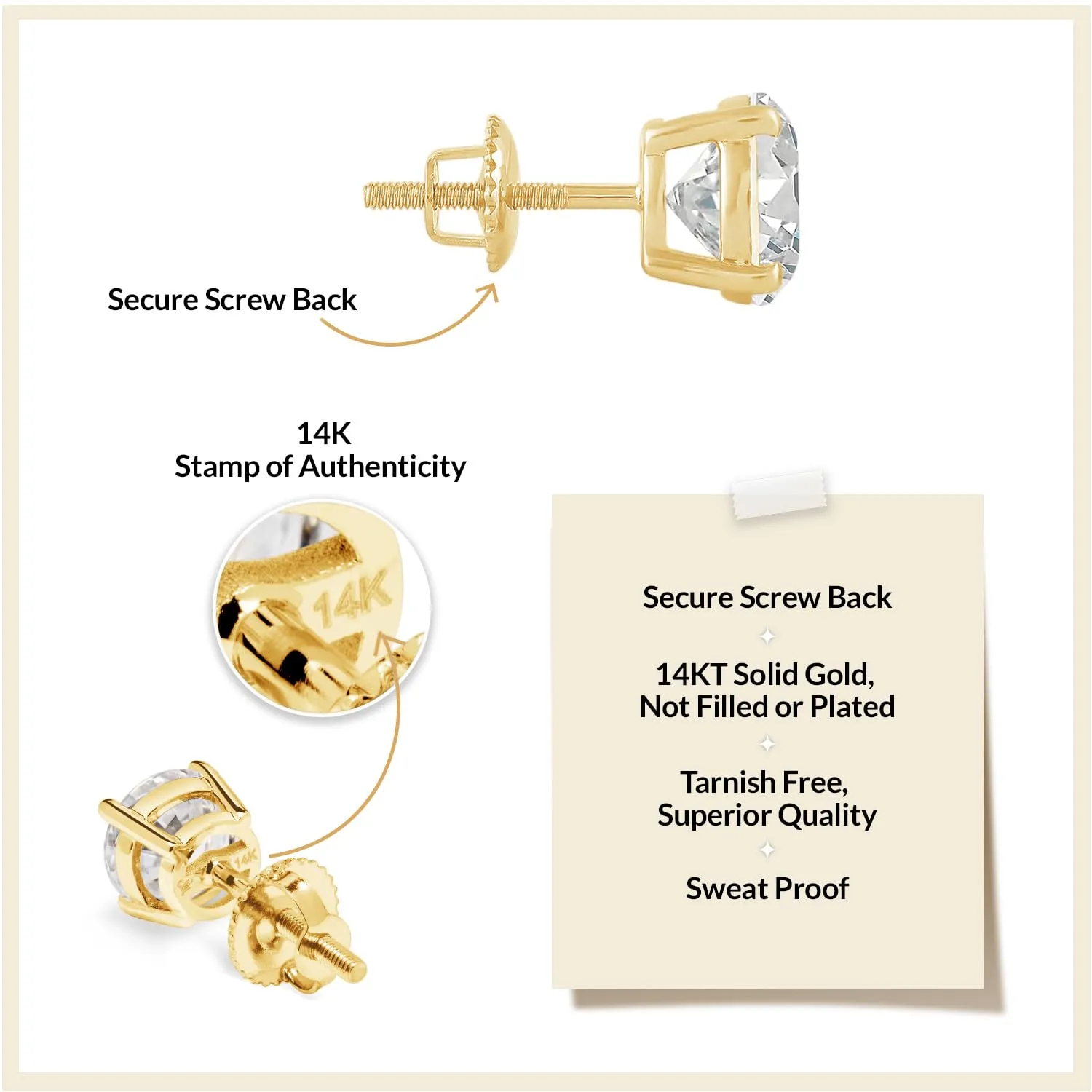 Everyday Elegance 14K Solid Yellow Gold Classic Four Prong Stud Earrings | Round Cut Lab Grown Diamond | Screw Back Posts | 0.50 CTW (E-F Color, VS2-SI1 Clarity) | With Gift Box