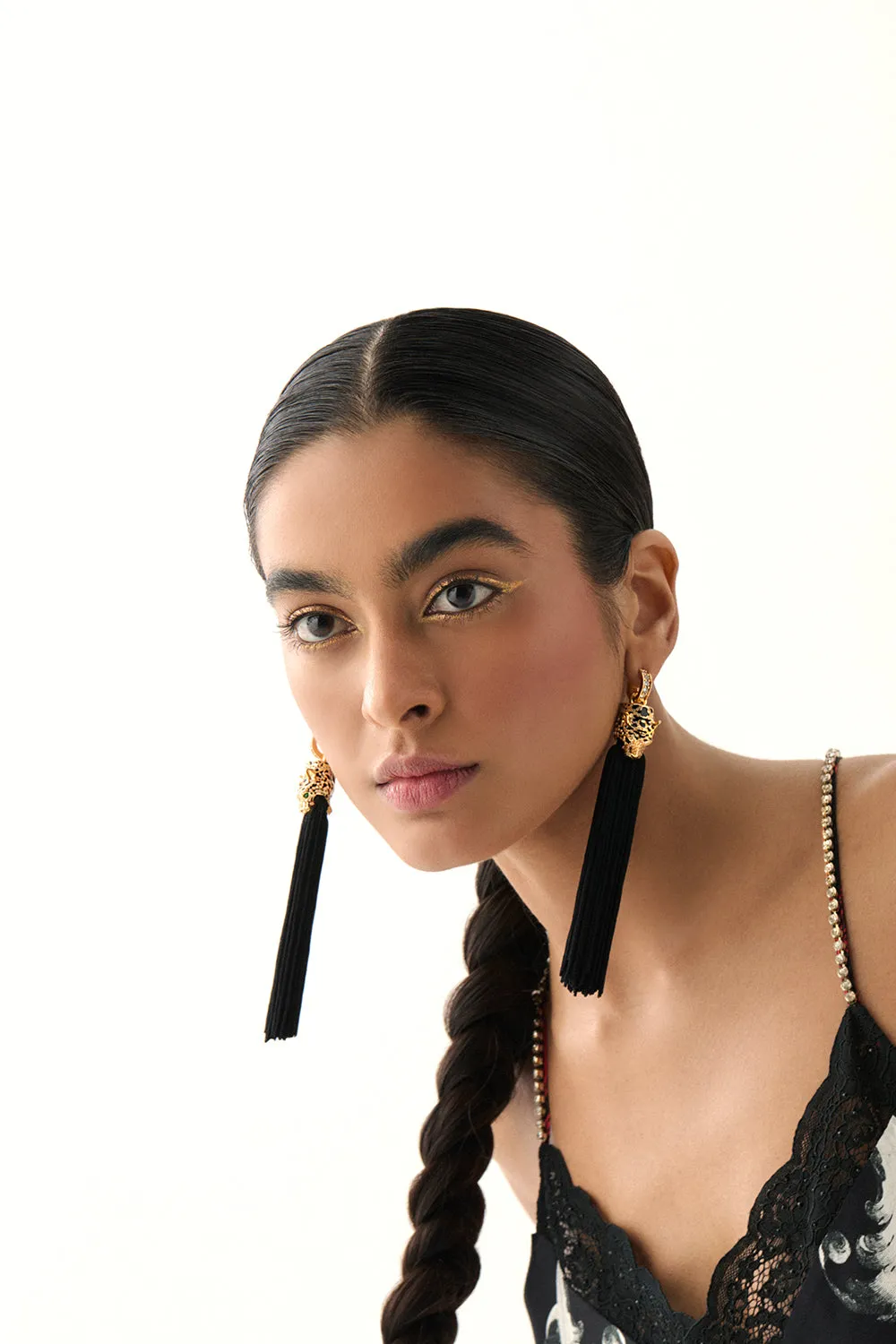 FIERCE FOLKLORE BLACK TASSEL EARRINGS GOLD