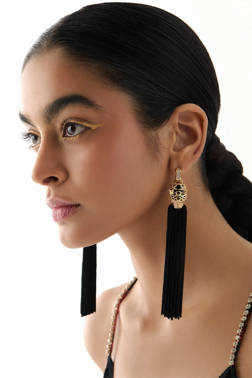 FIERCE FOLKLORE BLACK TASSEL EARRINGS GOLD