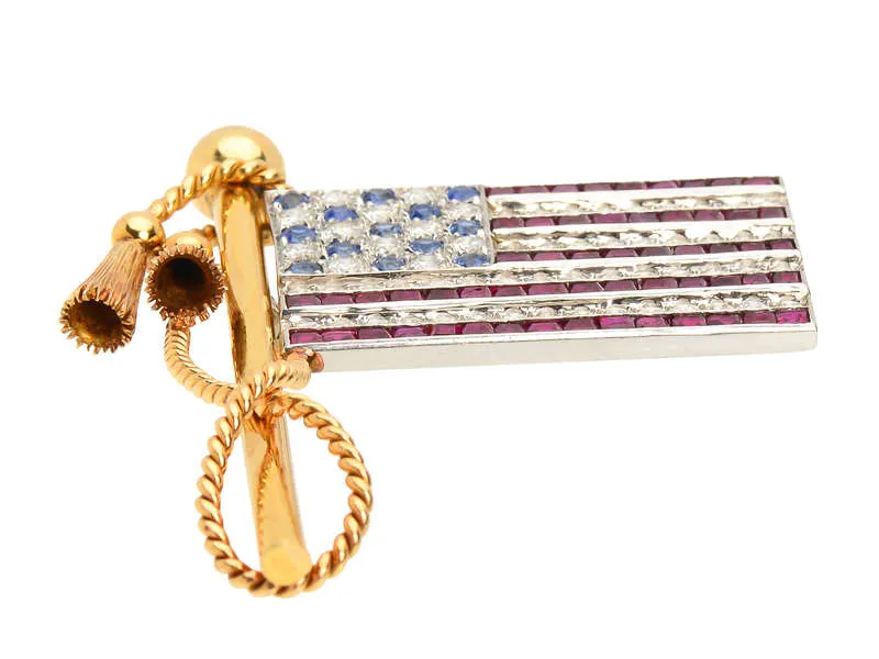 Fine Diamond Ruby Sapphire American Flag Brooch