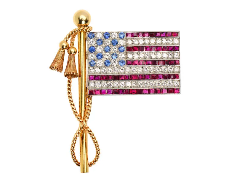 Fine Diamond Ruby Sapphire American Flag Brooch