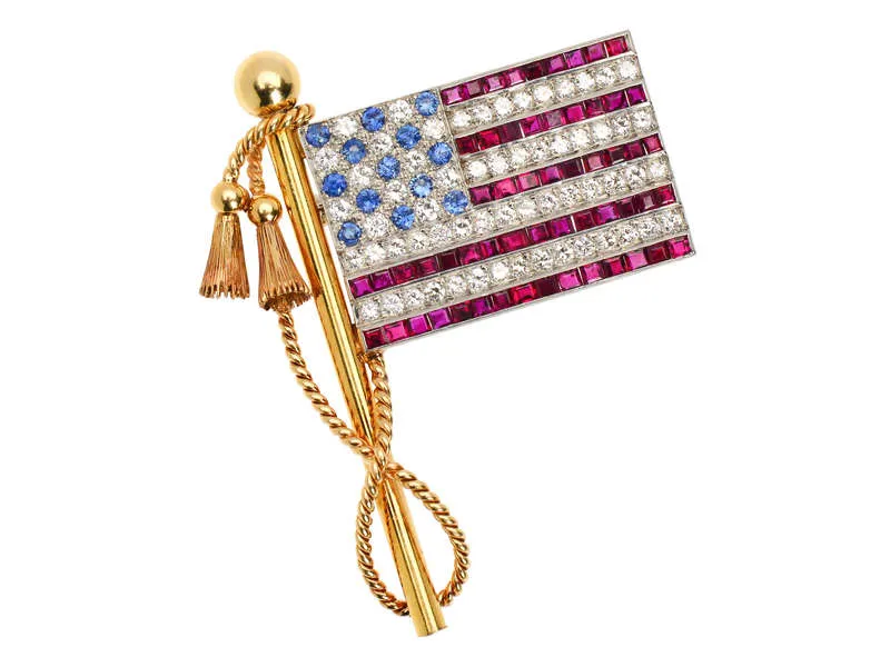 Fine Diamond Ruby Sapphire American Flag Brooch