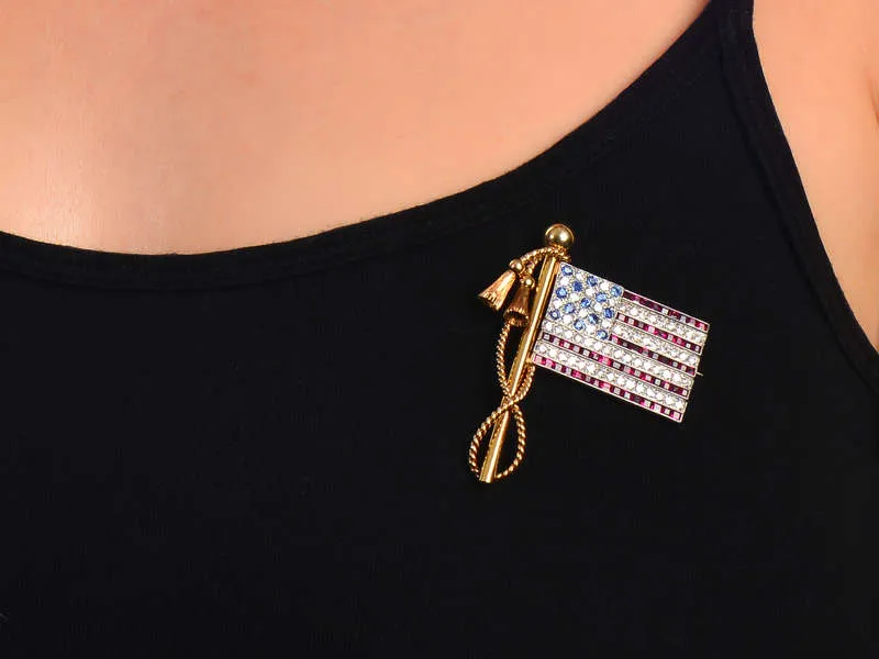 Fine Diamond Ruby Sapphire American Flag Brooch