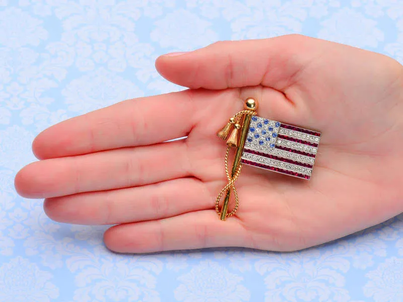 Fine Diamond Ruby Sapphire American Flag Brooch