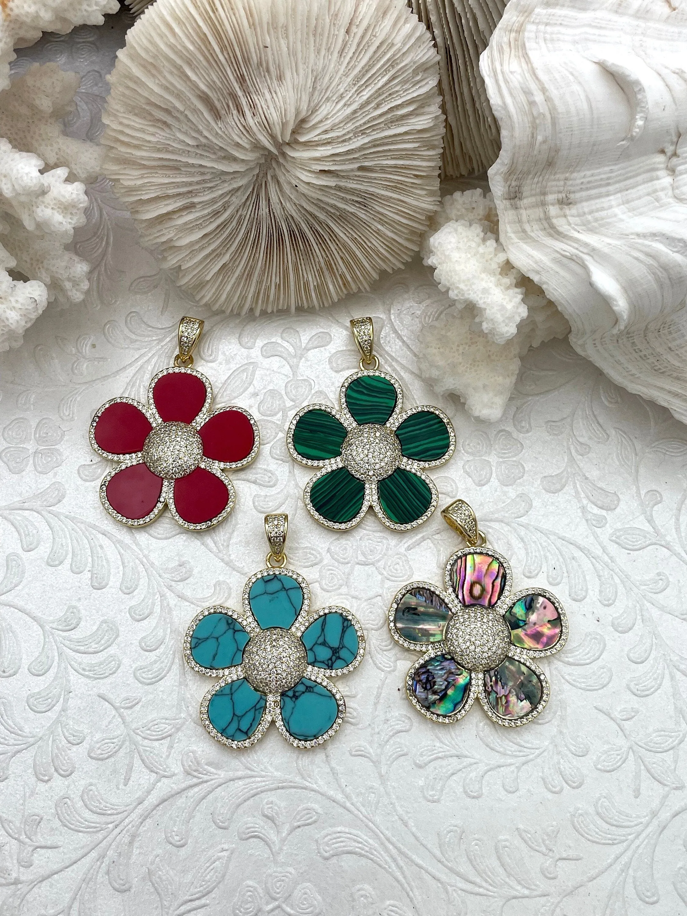 Flower Shaped Pendants Malachite, Enamel, Turquoise Howlite, Mother of Pearl,or Abalone. 38mm, Variety of stones, 5 styles. Fast Ship