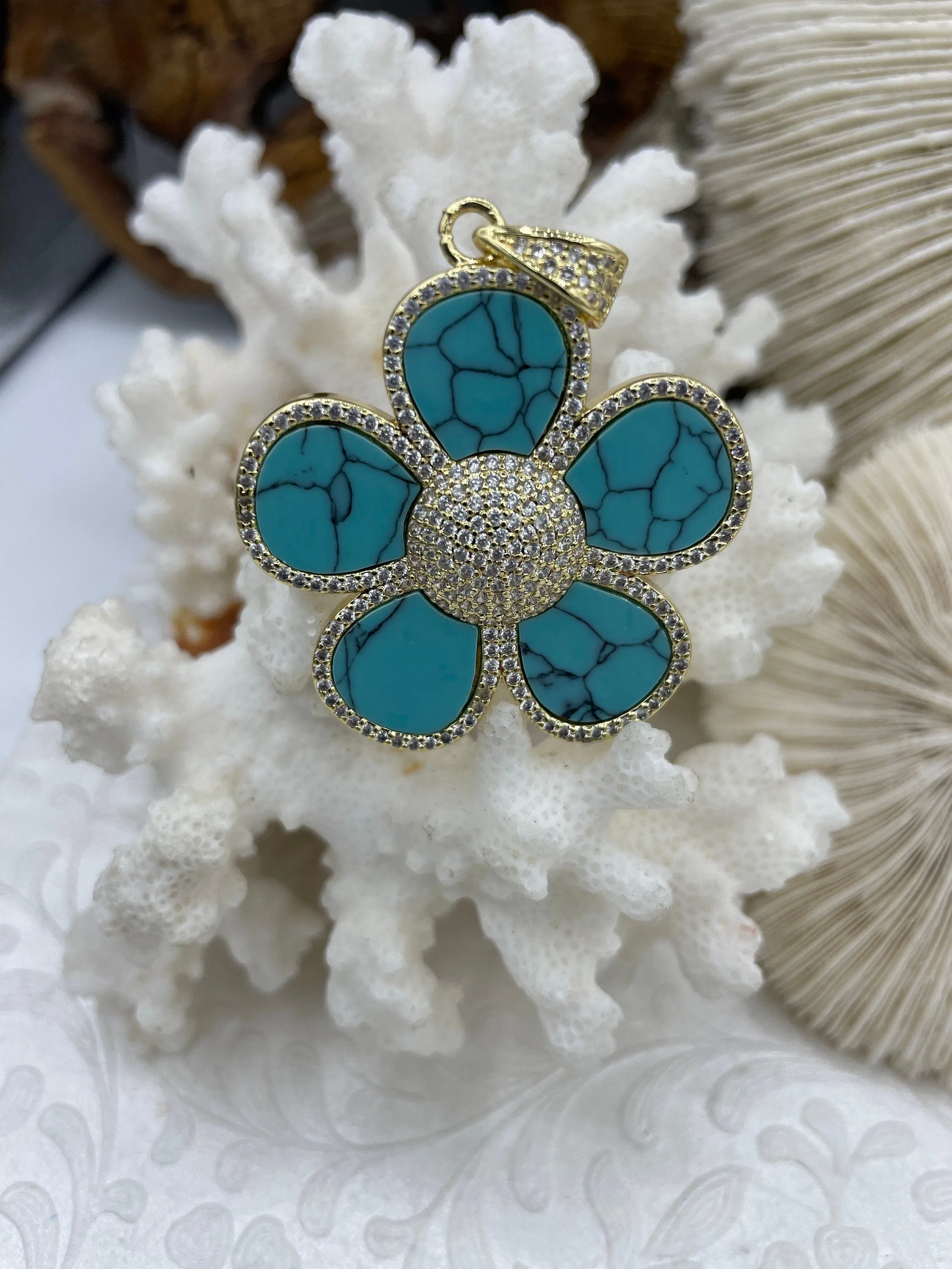 Flower Shaped Pendants Malachite, Enamel, Turquoise Howlite, Mother of Pearl,or Abalone. 38mm, Variety of stones, 5 styles. Fast Ship