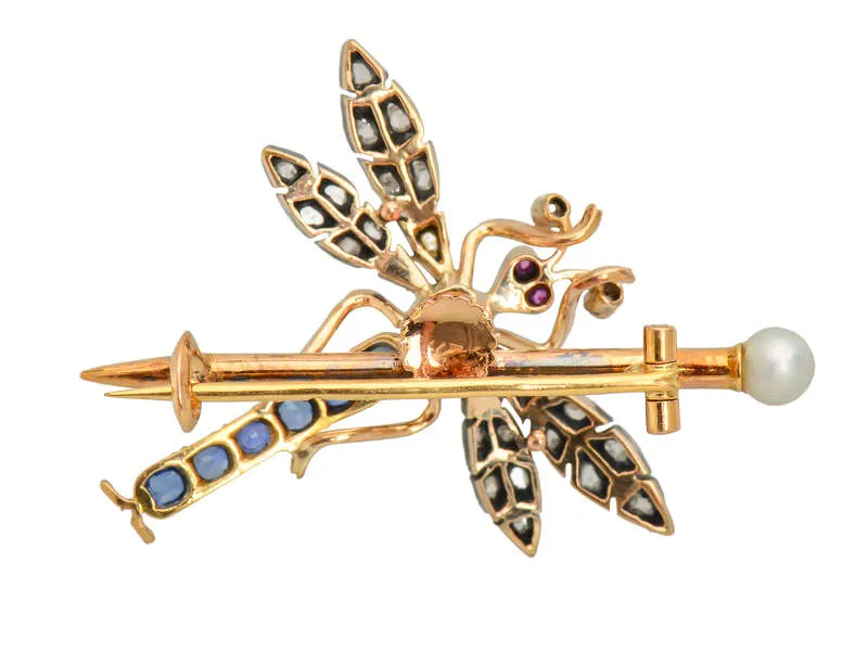 French Sapphire Diamond Dragonfly Brooch Pendant