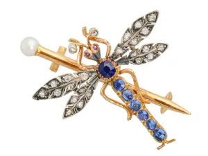 French Sapphire Diamond Dragonfly Brooch Pendant