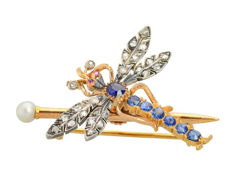 French Sapphire Diamond Dragonfly Brooch Pendant