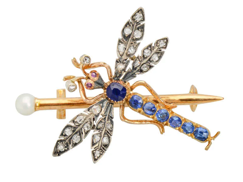 French Sapphire Diamond Dragonfly Brooch Pendant