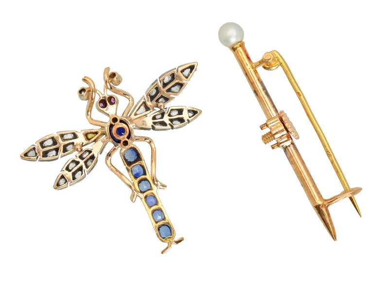 French Sapphire Diamond Dragonfly Brooch Pendant