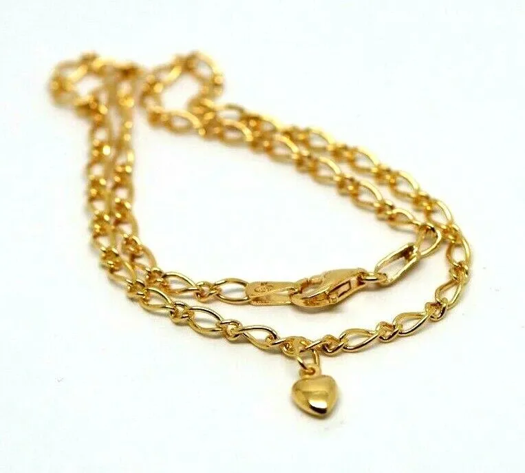 Genuine 9ct 9k Solid Yellow Gold 25cm Oval Figaro Anklet with Heart Charm