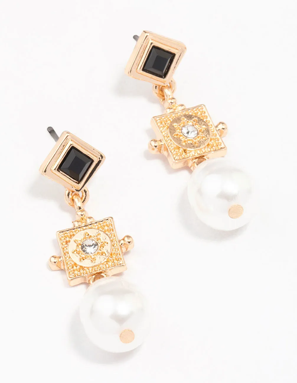 Gold Diamante Square Pearl Drop Earrings