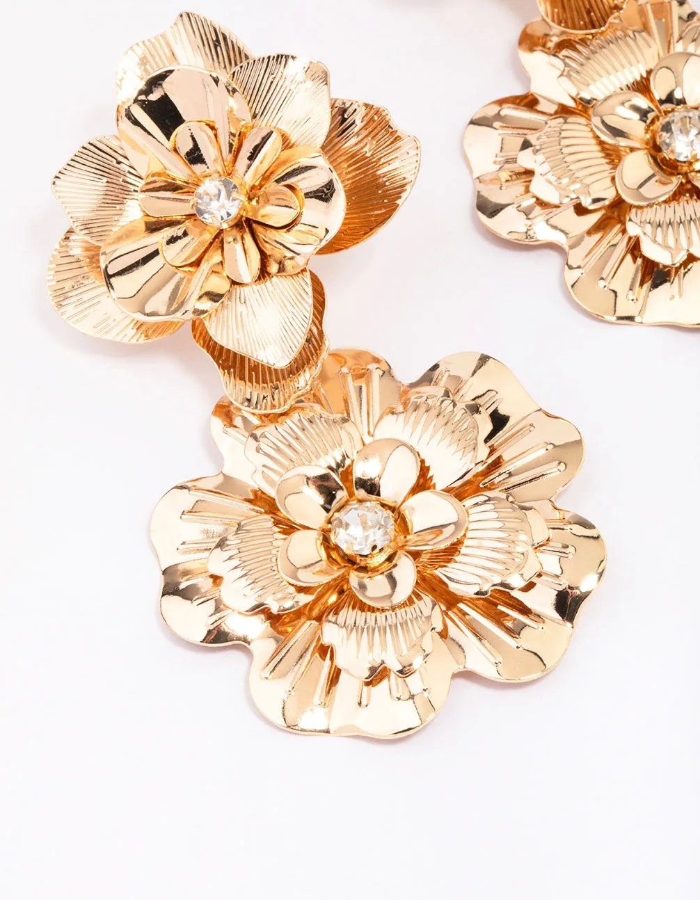 Gold Molten Double Flower Drop Earrings