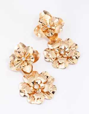 Gold Molten Double Flower Drop Earrings